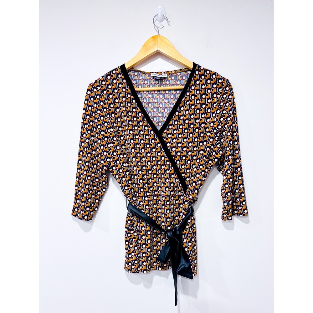 SAN FRANCISCO Brown navy‎ 70s print wrap top | Retro | Large